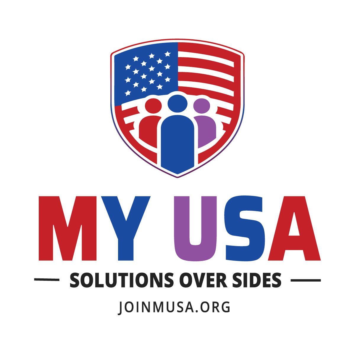 Logo of MY USA with a patriotic shield and diverse figures.