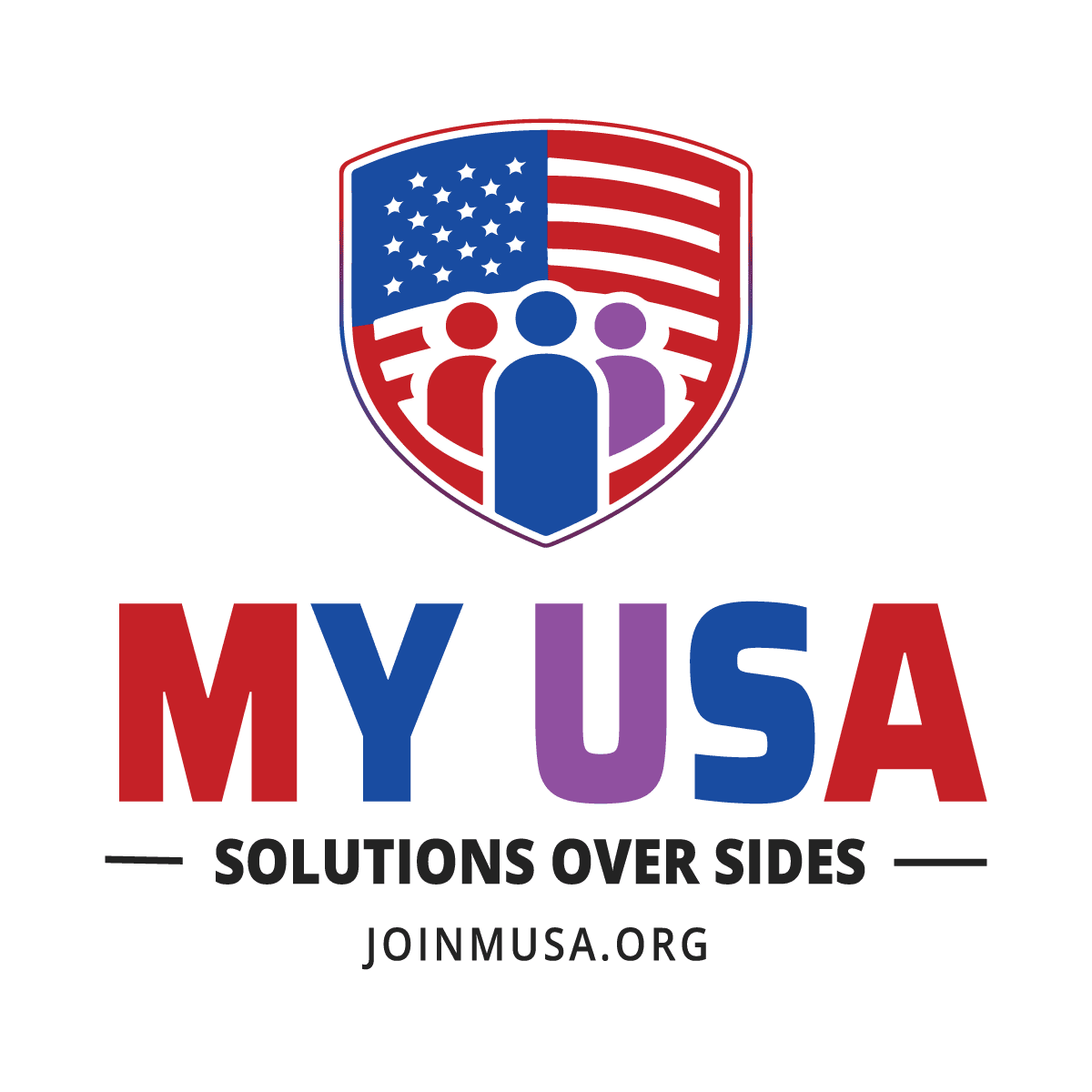 Logo with red and blue shield and stylized text MY USA.