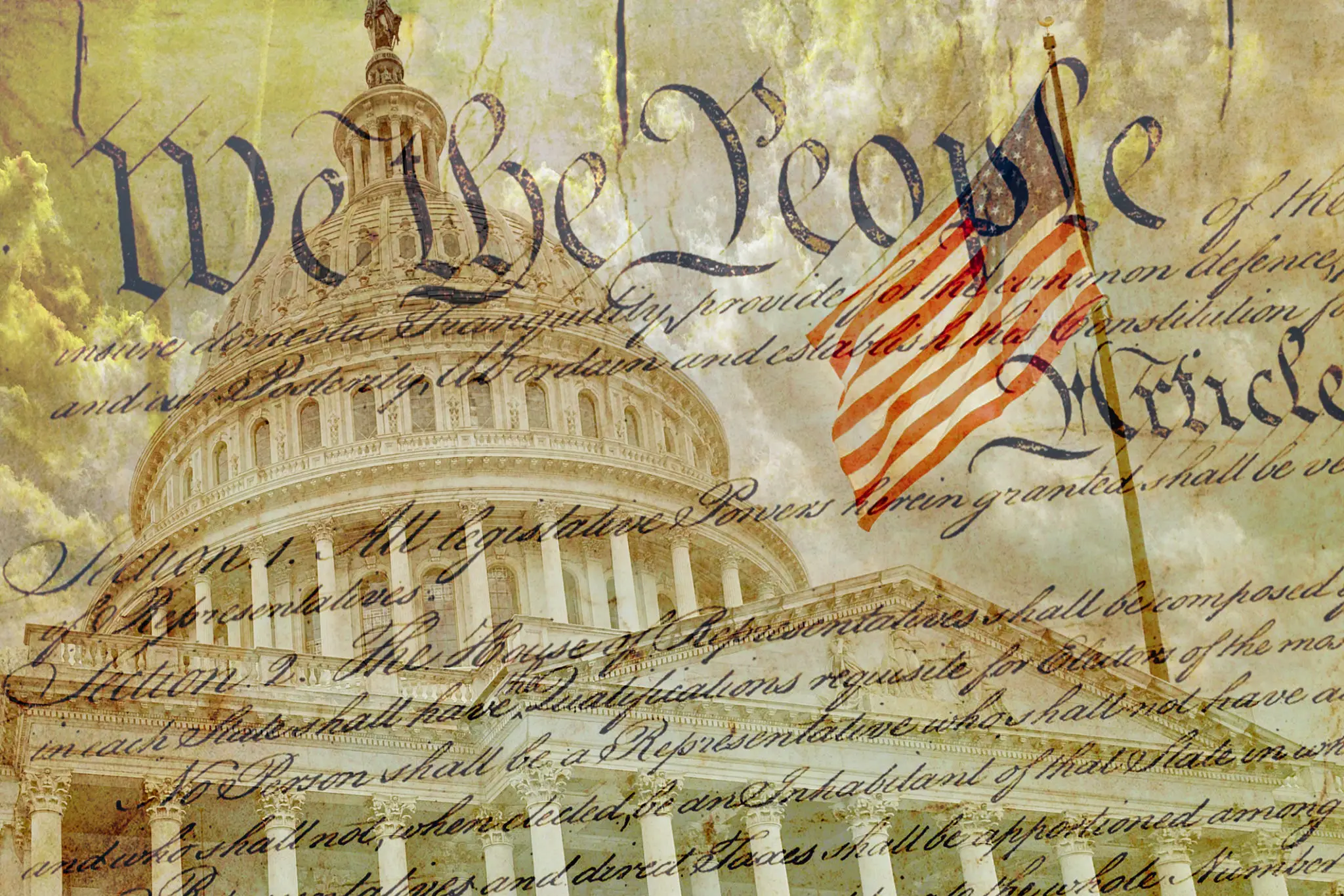 US Capitol with the Constitution and American flag overlay.